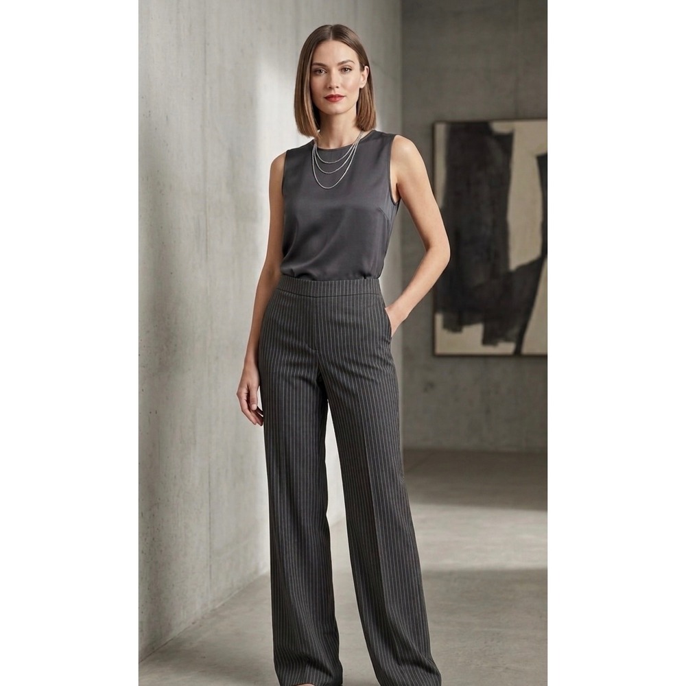Next Womens Pinstripe Wide Leg Trousers Grey Long Tall Tummy Control US 8L